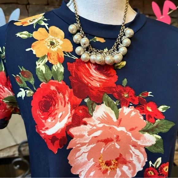 NWOT Flamingo Urban Navy Blue Floral Print Midi Dress Size Medium - Picture 4 of 8